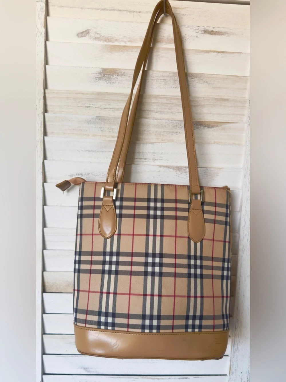 Fashion Check Pattern Faux Leather Tan Tote Bag Purse